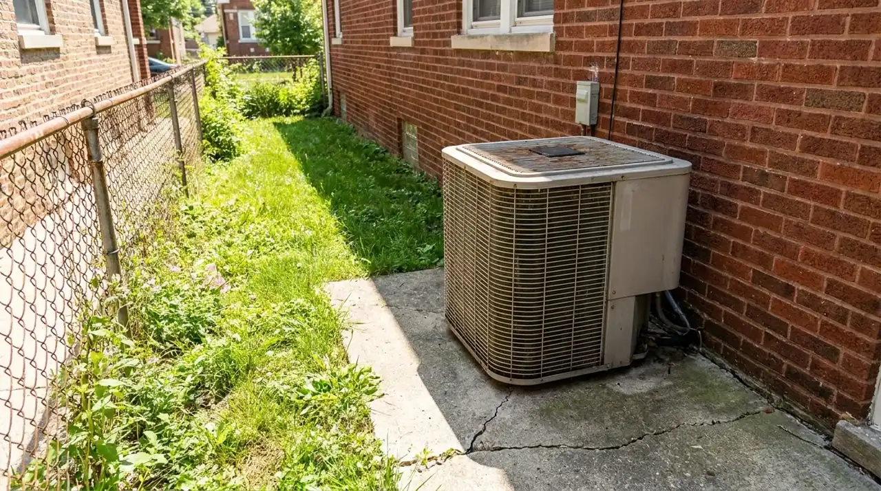 Central air conditioner condenser beside a brick Chicago bungalow