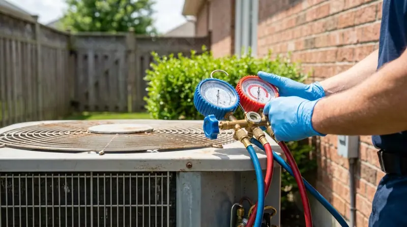 Technician connecting refrigerant gauges to an outdoor AC unit during an AC repair