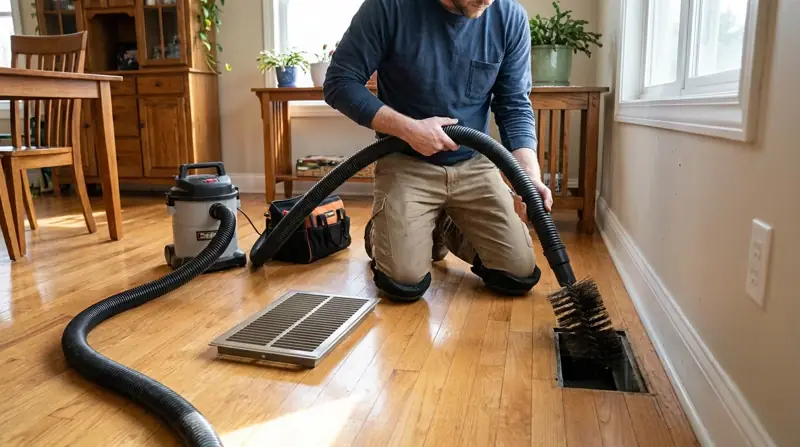 Technician cleaning a floor air vent with a vacuum hose and brush
