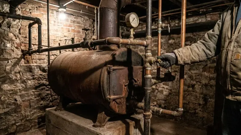 Technician checking a valve on an old cast iron boiler in a Chicago two-flat basement