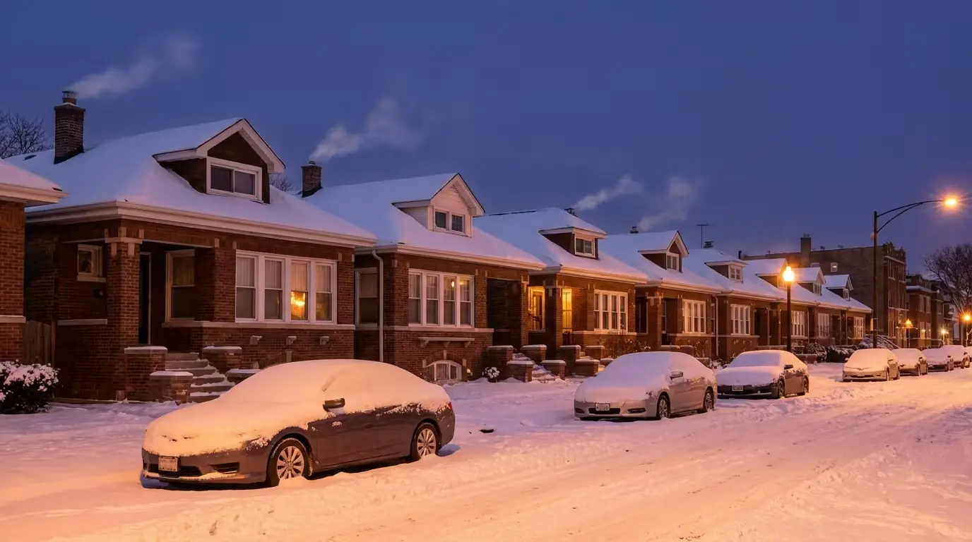 Row of brick Chicago bungalows on a snowy street at dusk