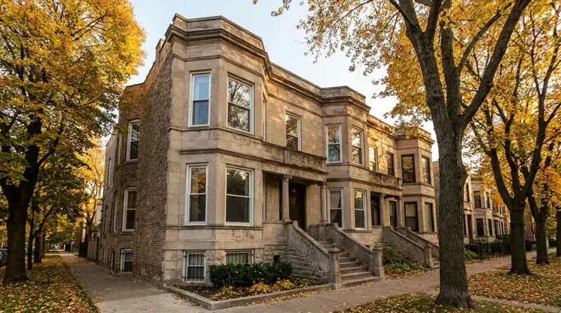 Limestone greystone two-flat on a tree-lined Chicago street in autumn