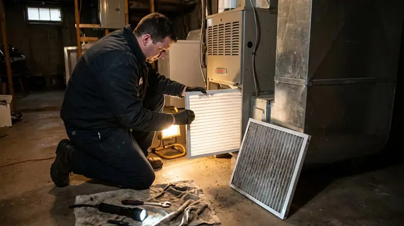 Technician replacing a furnace air filter during a seasonal HVAC tune-up