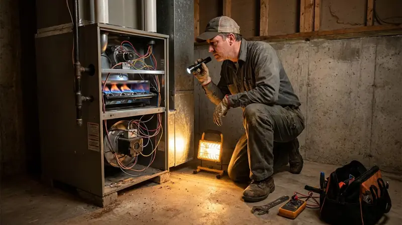 Technician inspecting an open gas furnace with a flashlight during a furnace repair in a Chicago basement