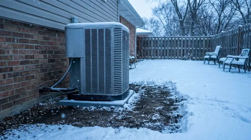 Outdoor heat pump running in a snowy Chicago backyard
