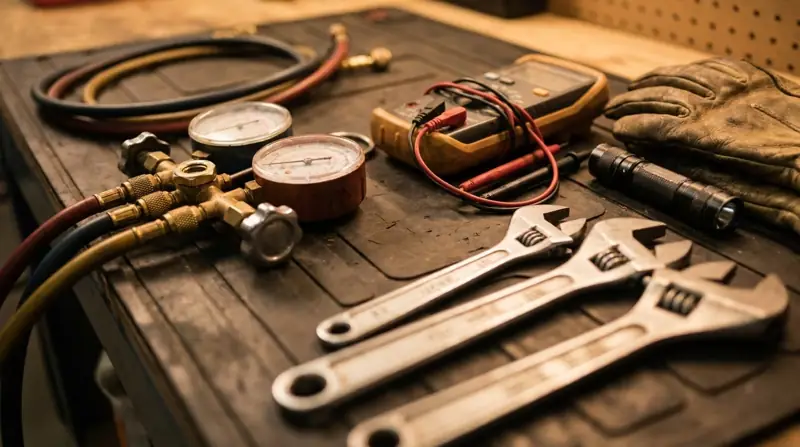 HVAC manifold gauges, multimeter and wrenches laid out on a work mat