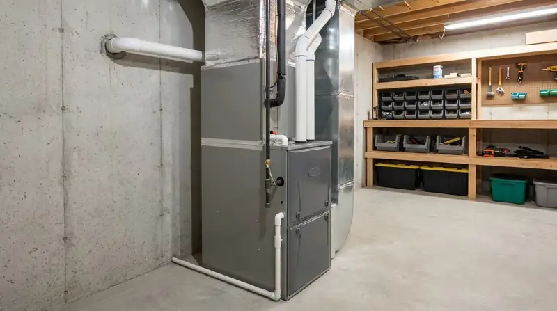 New high-efficiency gas furnace installed in a clean basement utility room
