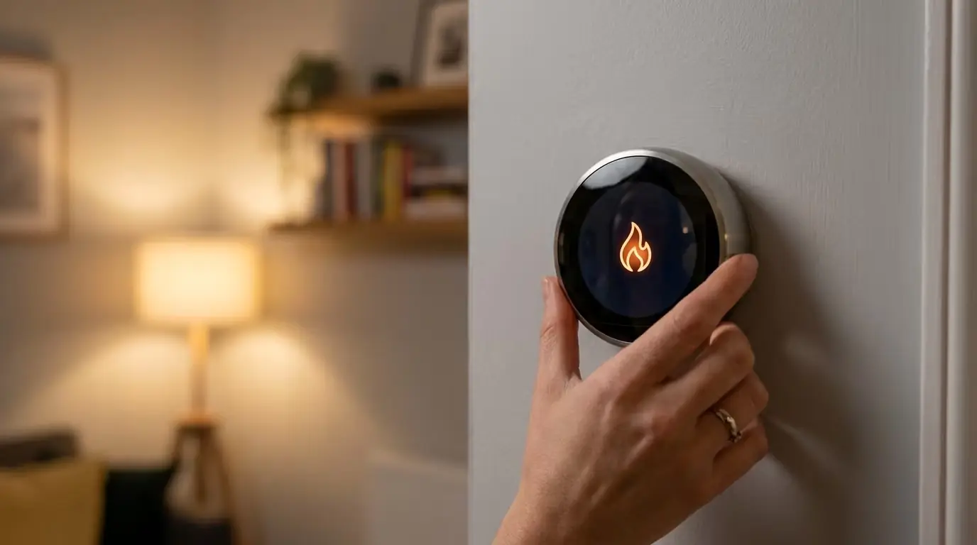 Hand adjusting a smart thermostat set to heat