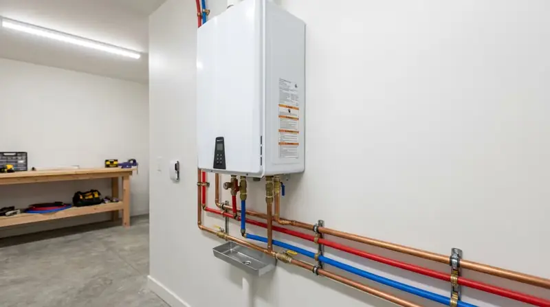 Wall-mounted tankless water heater with copper and PEX lines